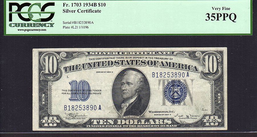 Fr.1703, 1934B $10 Silver Certificate, PCGS-354 PPQ